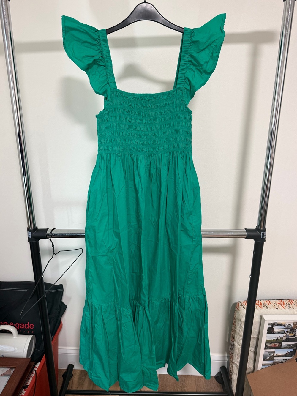 Smocked Ruffle-Sleeve Maxi Dress in Emerald Green